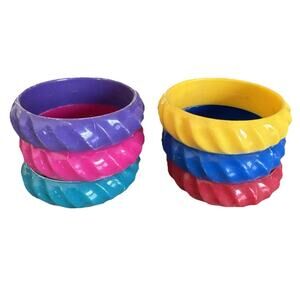 VTG 80s Plastic Bracelets Lot Set 6 Teal Pink Yellow Red Stack Bangle 3" Retro